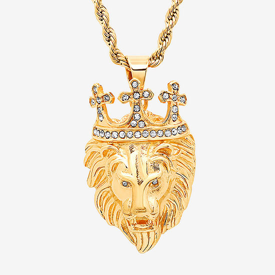 Steeltime Lion Mens Cubic Zirconia 18K Gold Over Stainless Steel Cross Crown Pendant Necklace