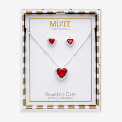 Mixit Womens Red Cubic Zirconia Heart Hypoallergenic 3-pc. Jewelry Set