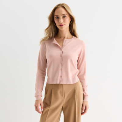 Liz Claiborne Womens Crew Neck Long Sleeve Button Cardigan