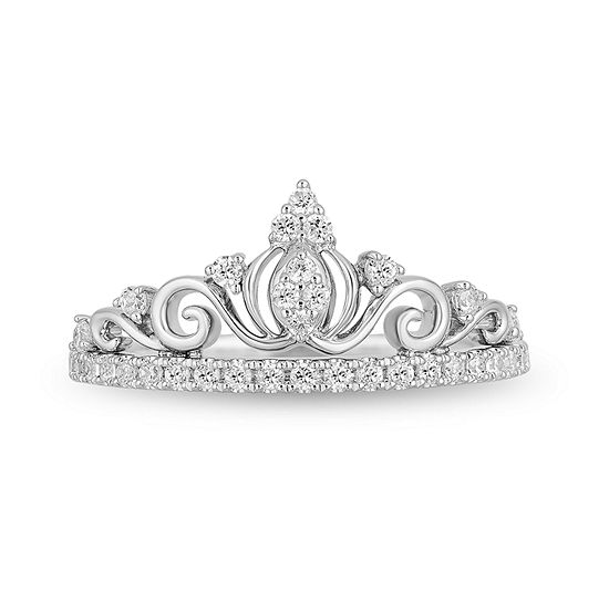 Enchanted Disney Fine Jewelry Womens 1/4 CT. T.W. Genuine White Diamond 10K White Gold Crown Side Stone Promise Ring