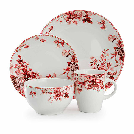 Elama Traditional Red Rose 16-pc. Stoneware Dinnerware Set, One Size, Red