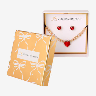 JS Jessica Simpson Gold Tone Collar Necklace  & Stud Earring Womens Multi Color Glass Heart 3-pc. Jewelry Set