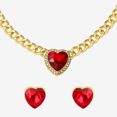 JS Jessica Simpson Gold Tone Collar Necklace  & Stud Earring Womens Multi Color Glass Heart 3-pc. Jewelry Set