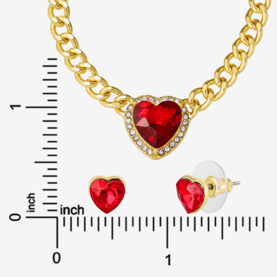 JS Jessica Simpson Gold Tone Collar Necklace  & Stud Earring Womens Multi Color Glass Heart 3-pc. Jewelry Set