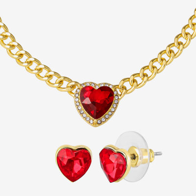 JS Jessica Simpson Gold Tone Collar Necklace  & Stud Earring Womens Multi Color Glass Heart 3-pc. Jewelry Set