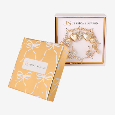 JS Jessica Simpson Gold Tone Charm Bracelet & Drop Earring Womens Crystal Heart 3-pc. Jewelry Set