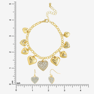 JS Jessica Simpson Gold Tone Charm Bracelet & Drop Earring Womens Crystal Heart 3-pc. Jewelry Set