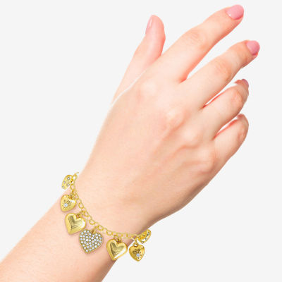JS Jessica Simpson Gold Tone Charm Bracelet & Drop Earring Womens Crystal Heart 3-pc. Jewelry Set