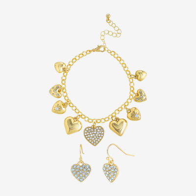 JS Jessica Simpson Gold Tone Charm Bracelet & Drop Earring Womens Crystal Heart 3-pc. Jewelry Set