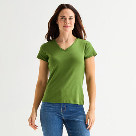 Liz Claiborne Womens V Neck Short Sleeve T-Shirt, Medium, Green
