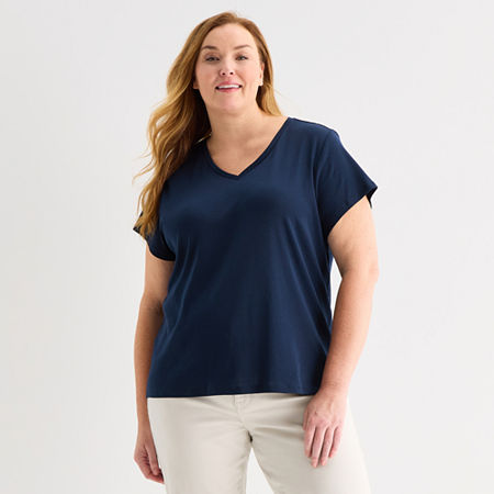 Liz Claiborne Womens Plus V Neck Short Sleeve T-Shirt, 0x, Blue