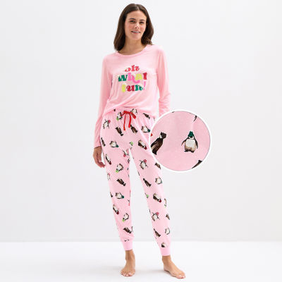 Sleep Chic Womens Crew Neck Long Sleeve 2-pc. Pajama Sets