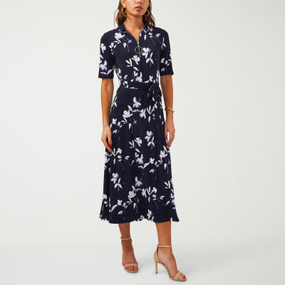 MSK Short Sleeve Floral Midi Fit + Flare Dress