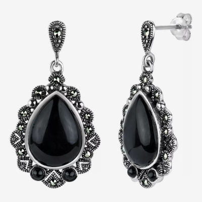 Genuine Black Marcasite Sterling Silver Pear Drop Earrings