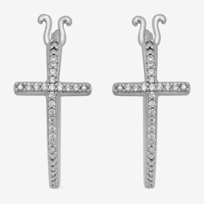 1/10 CT. T.W. Natural White Diamond Sterling Silver 17mm Cross Hoop Earrings