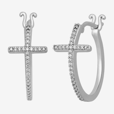 1/10 CT. T.W. Natural White Diamond Sterling Silver 17mm Cross Hoop Earrings