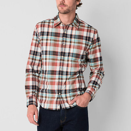 Mutual weave Mens Easy-on + Easy-off Regular Fit Long Sleeve Plaid Button-Down Shirt, Large, Multiple Colors