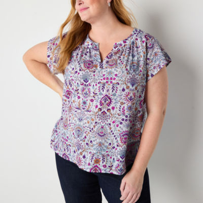St. John's Bay Womens Easy-on + Easy-off Hidden Access Opening Split Crew Neck Short Sleeve Adaptive Plus Blouse