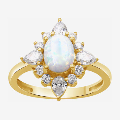 Womens Lab Created White Opal 14K Gold Over Silver Oval Cocktail Ring