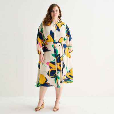 Premier Amour Womens Plus Long Sleeve Floral Midi Fit + Flare Dress
