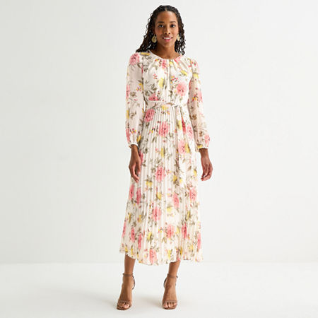 Studio 1 Womens Long Sleeve Floral Maxi Dress In White