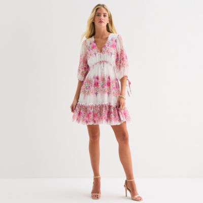 Melonie T Womens 3/4 Sleeve Floral Fit + Flare Dress