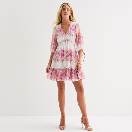 Melonie T Womens V Neck 3/4 Sleeve Floral Fit + Flare Dress