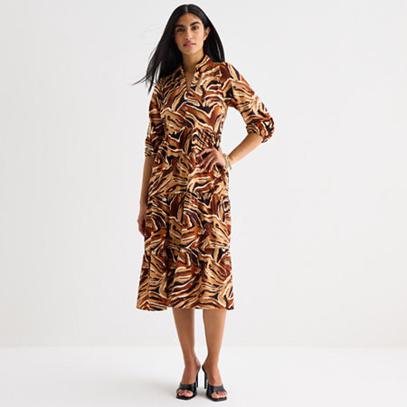 52seven Womens 3/4 Sleeve Midi Animal Shift Dress In Multi