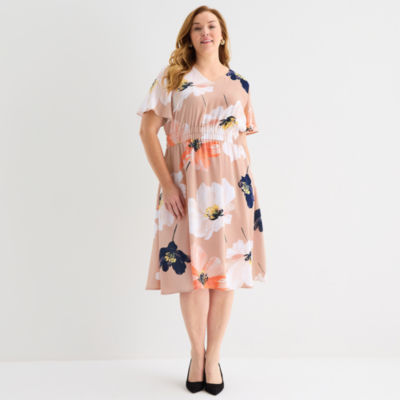 Liz Claiborne Womens Plus Short Sleeve Midi Floral Satin A-Line Dress