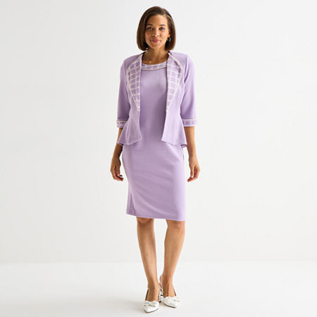 Maya Brooke Womens Pearl Trim Plaid Jacket Dress In Purple