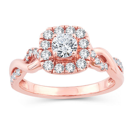 Womens Natural White Diamond 10K Gold 10K Rose Gold Cushion Engagement Ring, 7, Rose