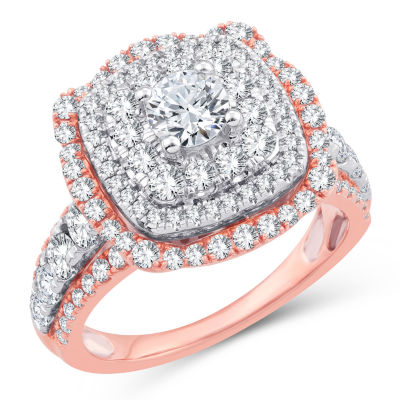 Womens 2 1/4 CT. T.W. Natural White Diamond 10K Gold 10K Rose Gold Cushion Side Stone Halo Engagement Ring