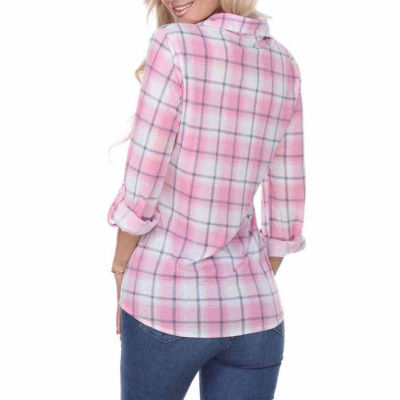 White Mark Oakley Plaid Womens Roll Tab 3/4 Sleeve Regular Fit Stretch Fabric Button-Down Shirt