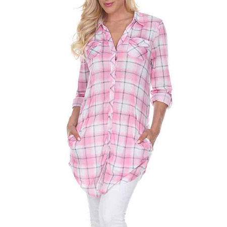 White Mark Piper Plaid Womens Long Sleeve Tunic Top, Medium, Pink