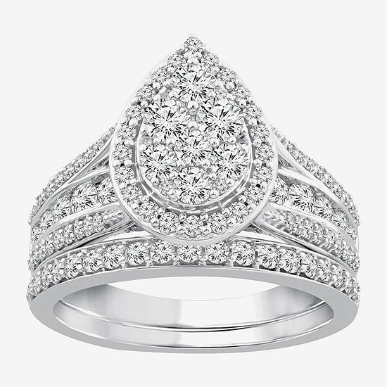 1 1/2 CT. T.W. Diamond Pear Shape Side Stone Halo Bridal Set in 10K or 14K White Gold
