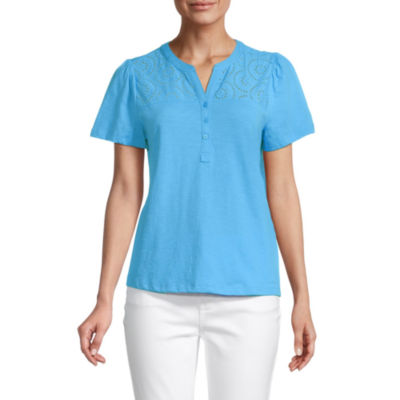 Liz Claiborne Womens Henley Neck Short Sleeve Henley Shirt, Color Madison Blue JCPenney