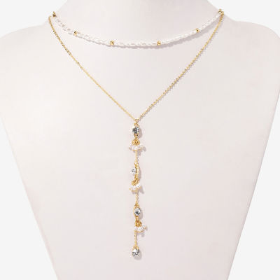 Bijoux Bar Delicates Cubic Zirconia Simulated Pearl 16 Inch Curb Y Necklace