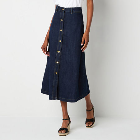 Liz Claiborne Womens Mid Rise Midi Denim Skirt, 16 Petite, Blue