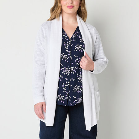 Liz Claiborne Plus Womens Long Sleeve Open Front Cardigan, 3x, White