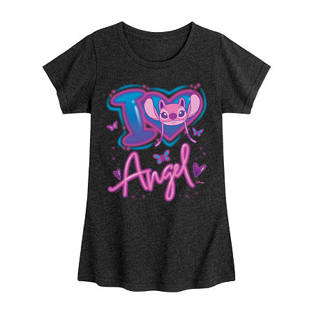 Disney Collection Little & Big Girls Crew Neck Short Sleeve Lilo & Stitch Graphic T-Shirt, Small, Gray