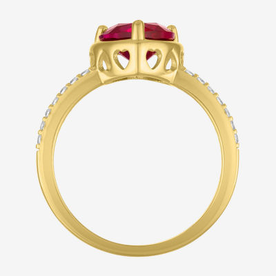 Womens Lab Created Red Ruby 14K Gold Over Silver Heart Side Stone Cocktail Ring