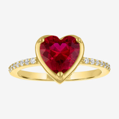 Womens Lab Created Red Ruby 14K Gold Over Silver Heart Side Stone Cocktail Ring