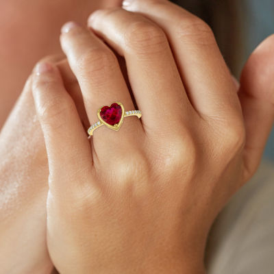 Womens Lab Created Red Ruby 14K Gold Over Silver Heart Side Stone Cocktail Ring