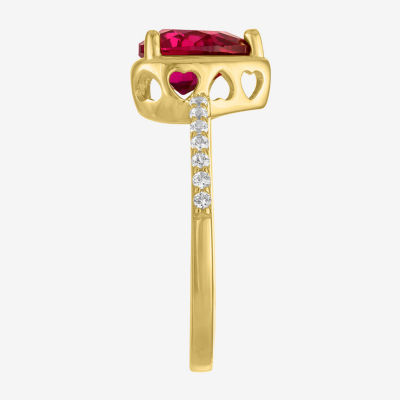 Womens Lab Created Red Ruby 14K Gold Over Silver Heart Side Stone Cocktail Ring