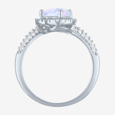 Womens Lab Created White Opal Sterling Silver Heart Halo Side Stone Cocktail Ring