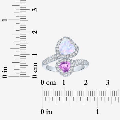 Womens Lab Created White Opal Sterling Silver Heart Halo Side Stone Cocktail Ring