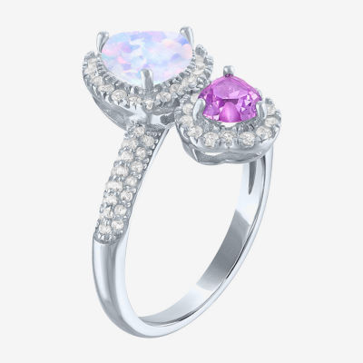 Womens Lab Created White Opal Sterling Silver Heart Halo Side Stone Cocktail Ring