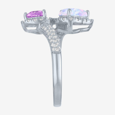 Womens Lab Created White Opal Sterling Silver Heart Halo Side Stone Cocktail Ring