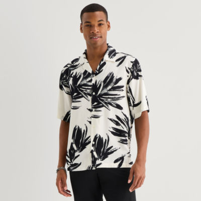 J. Ferrar Paint Floral Mens Short Sleeve Camp Shirt, Color: Blk