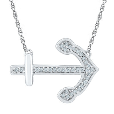 Womens 1/10 CT. T.W. Natural White Diamond Sterling Silver Anchor Pendant Necklace